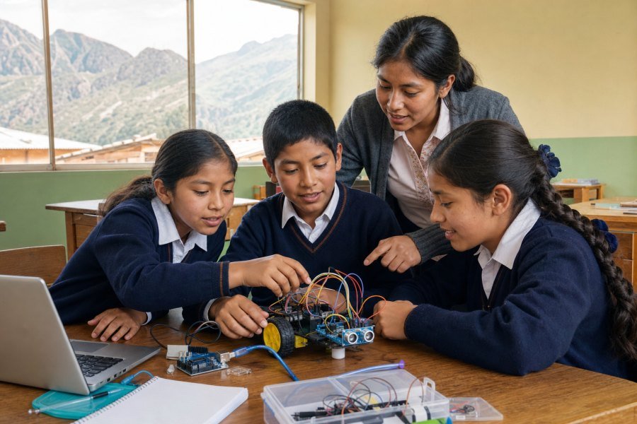 Estudiantes de primaria de Pataz armando su primer robot en el aula
